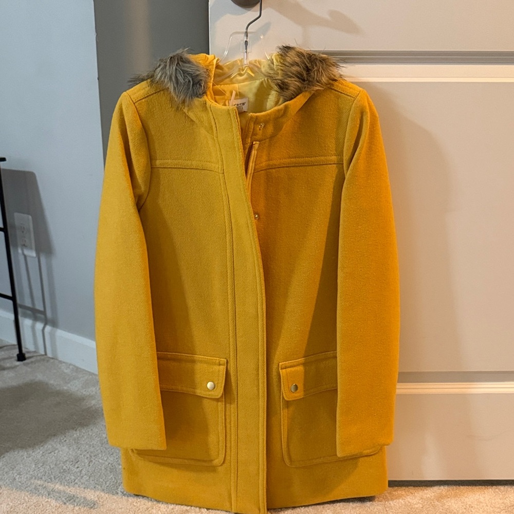 J. Crew Mustard Pea Coat with Faux Fur Collar